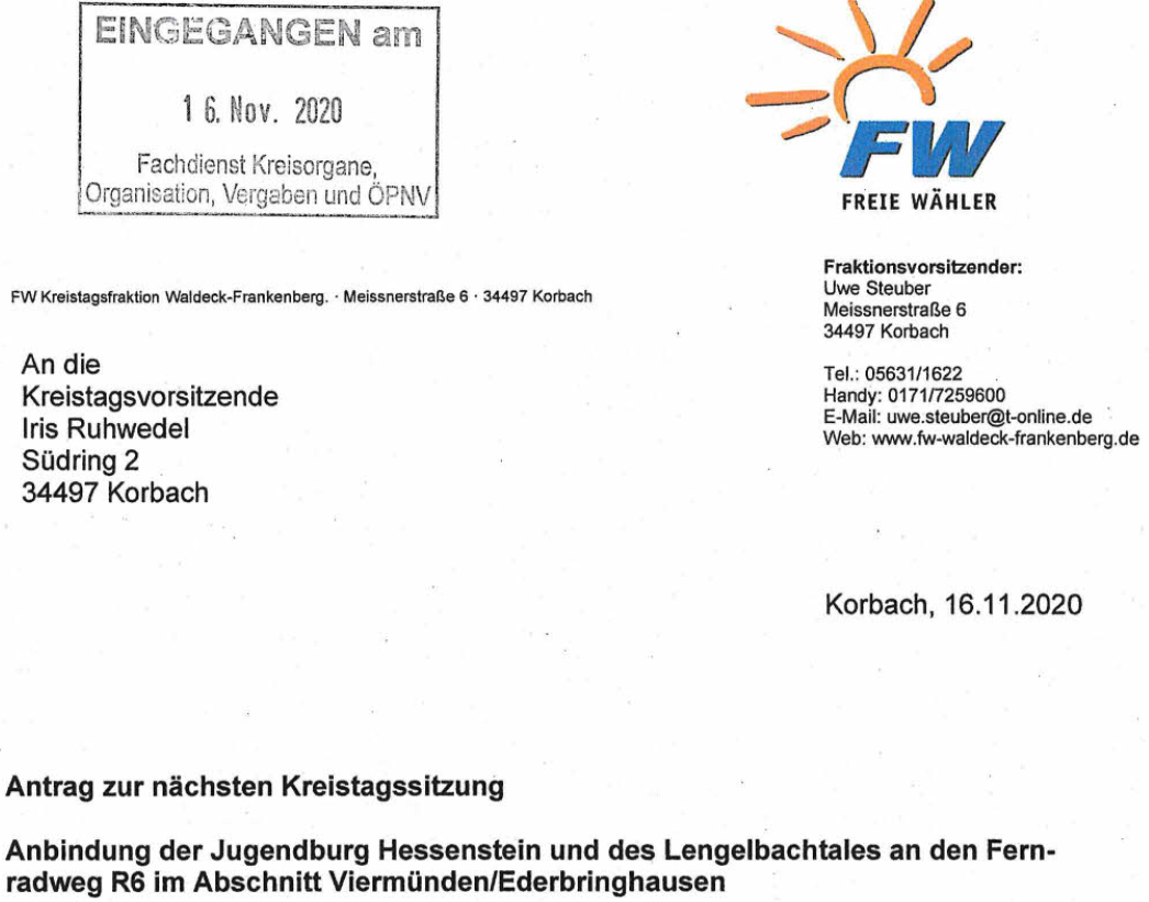 Antrag der FW zur Anbindung Burg Hessenstein an den Fernradweg R 6